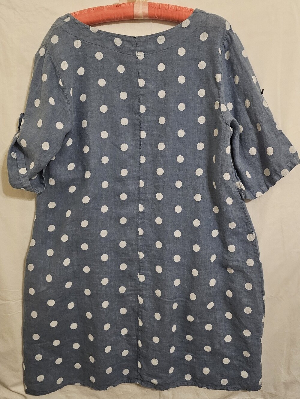 Women's Blue Polka Dot Italian Linen Dress - Casual Shift Size XL With Pockets